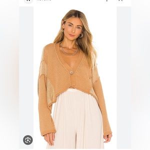 Free People Cropped V-Neck Button Cardigan in Camel
